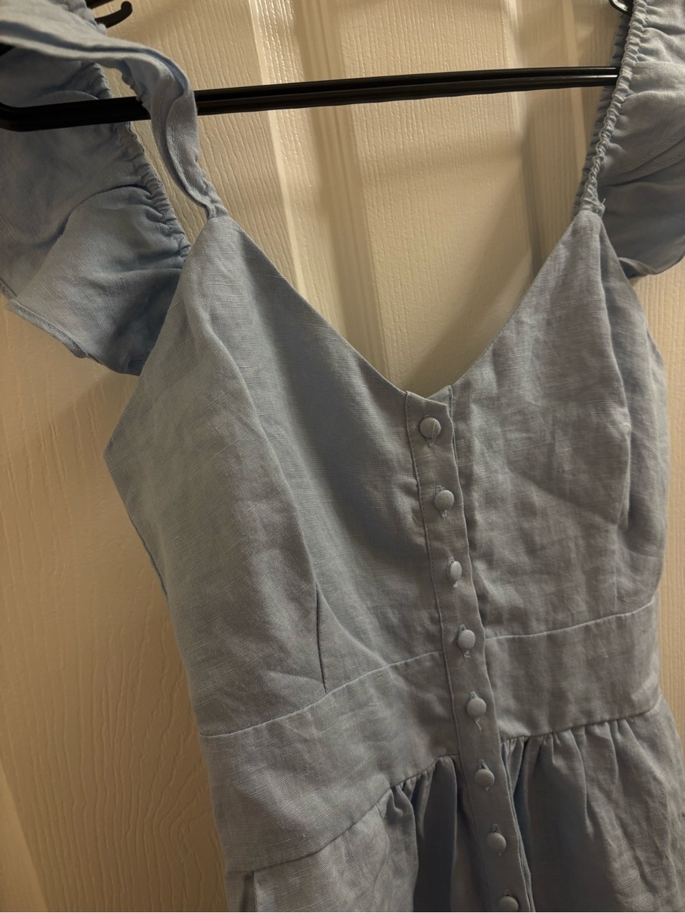 NWT Olivaceous Light Blue Linen Blend Flutter Sleeve Ruffle Hem Jumpsuit Medium - Picture 5 of 14